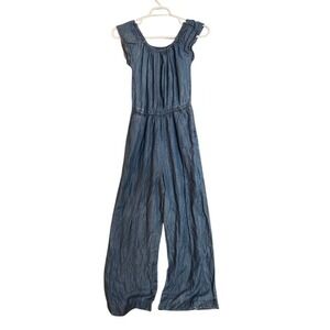 MAX JEANS Distressed Denim Jumpsuit Wide Leg Elastic Waist Drawstring M